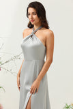 Grey A-Line Halter Bright Satin Floor-Length Bridesmaid Dress with Slit