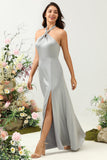 Grey A-Line Halter Bright Satin Floor-Length Bridesmaid Dress with Slit