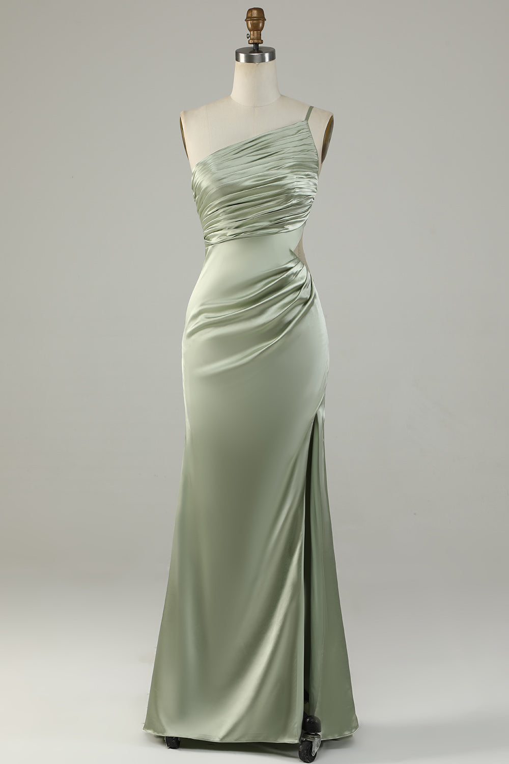 Sage A Line One Shoulder Bright Satin Bridesmaid Dress with Slit