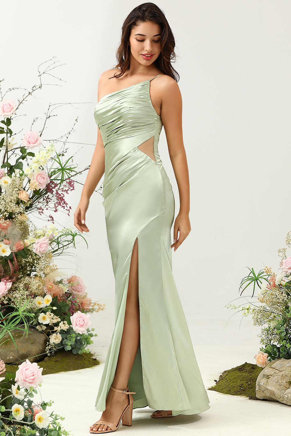 Sage A Line One Shoulder Bright Satin Bridesmaid Dress with Slit