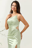 Sage A Line One Shoulder Bright Satin Bridesmaid Dress with Slit