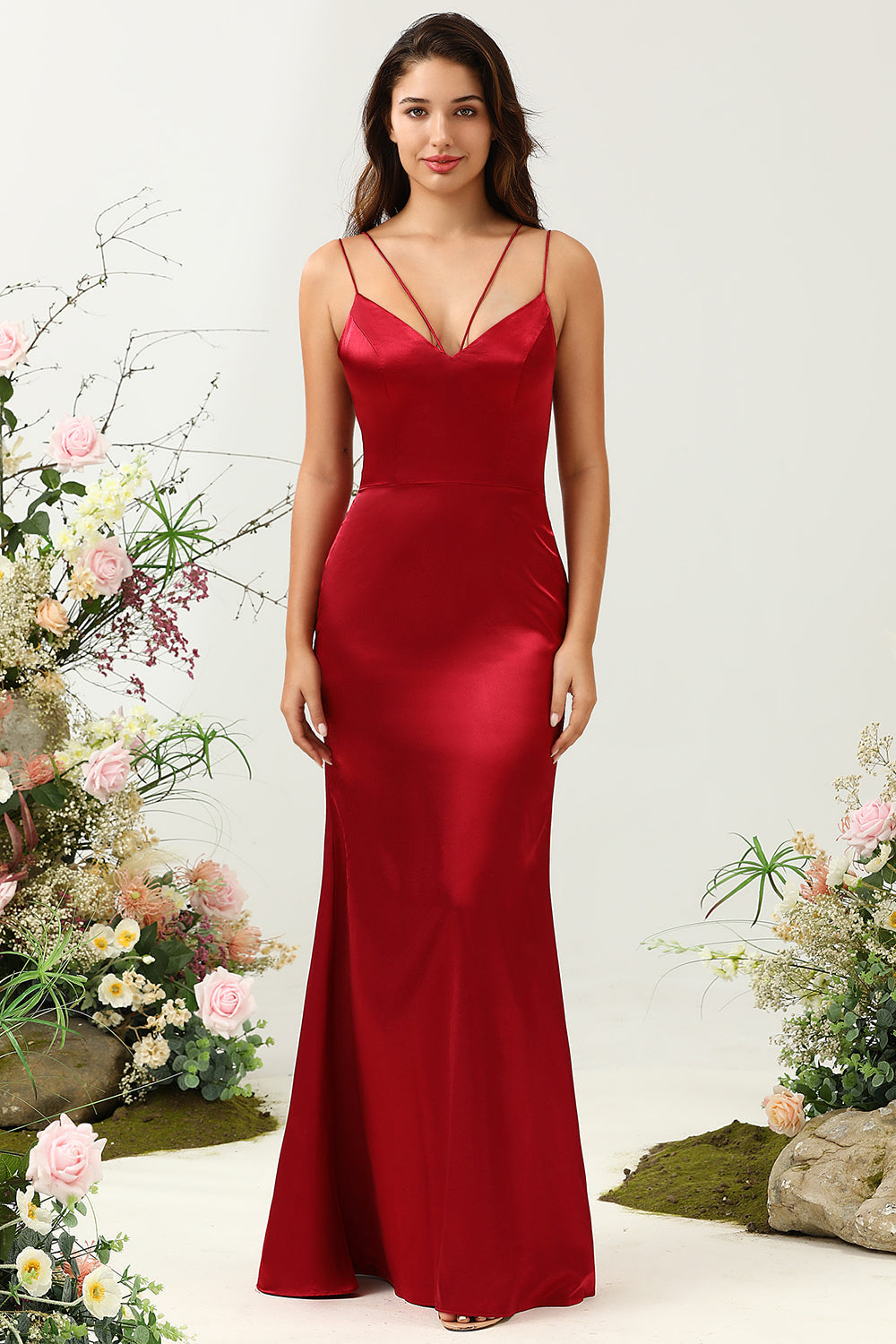 Mermaid Spaghetti Straps Long Satin Burgundy Bridesmaid Dress with Open Back
