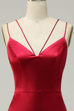Burgundy Mermaid Spaghetti Straps Satin Bridesmaid Dress with Open Back