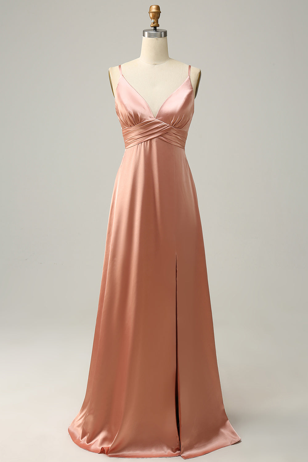 A Line Spaghetti Straps Bright Satin Blush Long Bridesmaid Dress with Slit