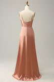 A Line Spaghetti Straps Bright Satin Blush Long Bridesmaid Dress with Slit
