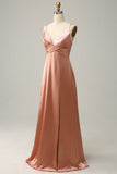 A Line Spaghetti Straps Bright Satin Blush Long Bridesmaid Dress with Slit