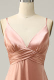 A Line Spaghetti Straps Bright Satin Blush Long Bridesmaid Dress with Slit