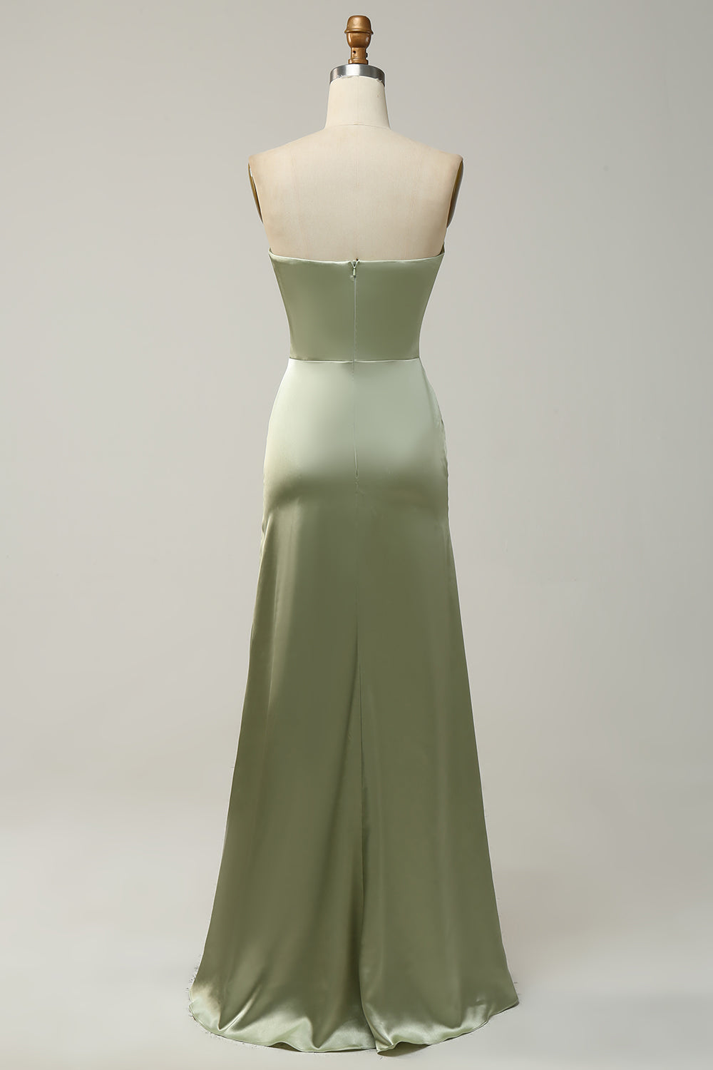 Green A Line Convertible Strapless Satin Floor-Length Dress with Slit