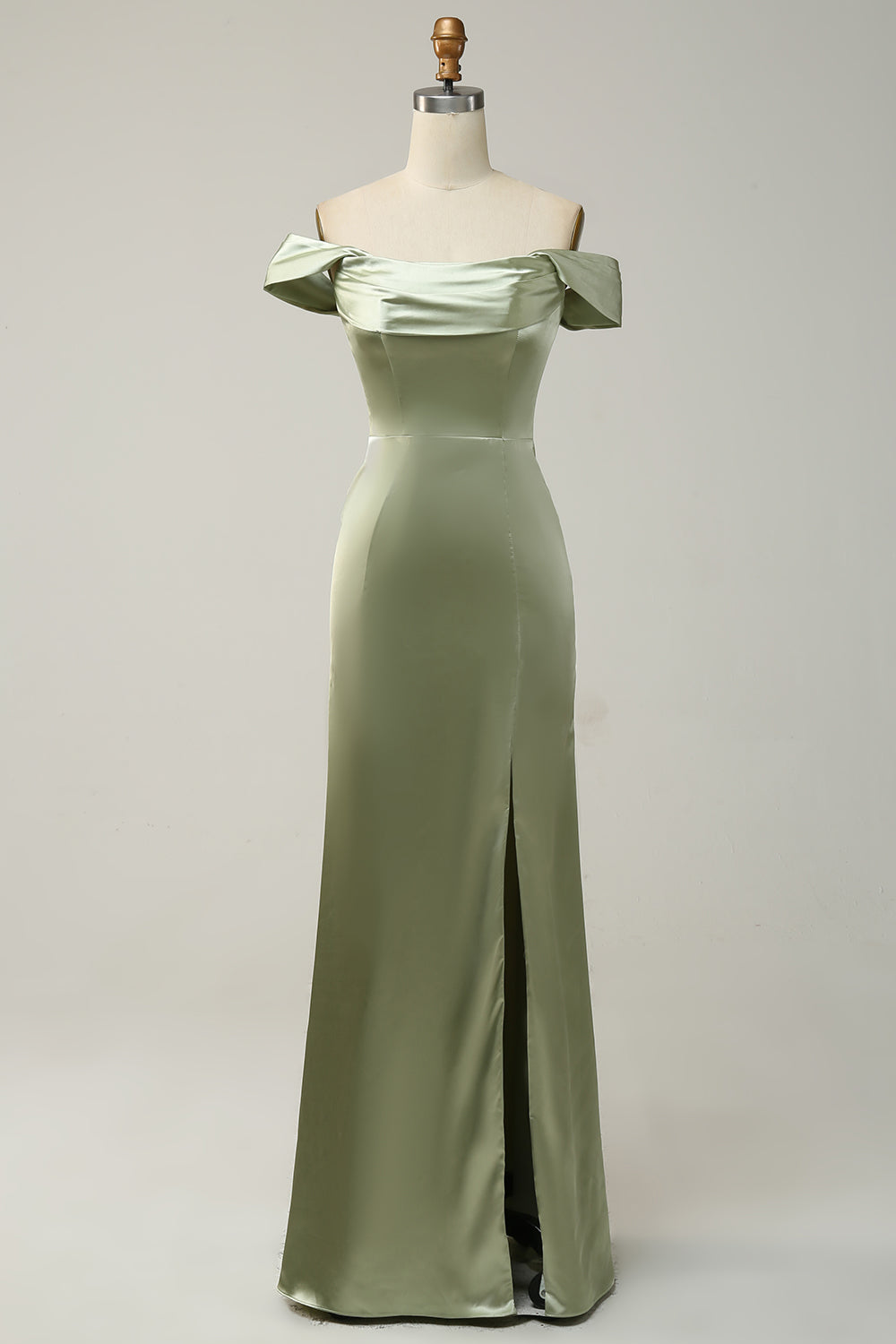 Green A Line Convertible Strapless Satin Floor-Length Dress with Slit