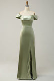 Green A Line Convertible Strapless Satin Floor-Length Dress with Slit