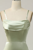 Green A Line Convertible Strapless Satin Floor-Length Dress with Slit