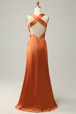 Copper A Line V Neck Bright Satin Bridesmaid Dress with Open Back