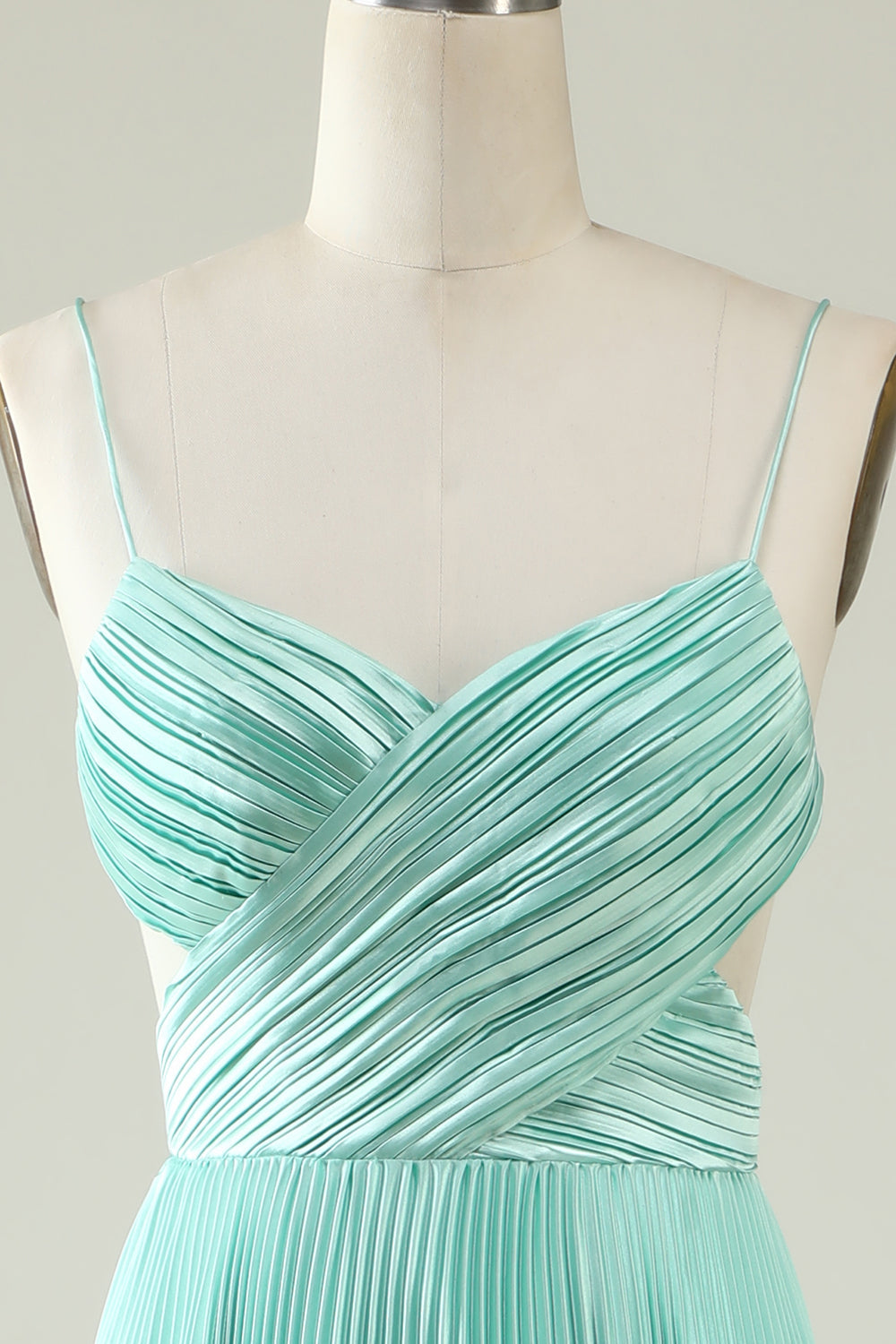 Mint Green A Line Spaghetti Straps Pleated Long Bridesmaid Dress
