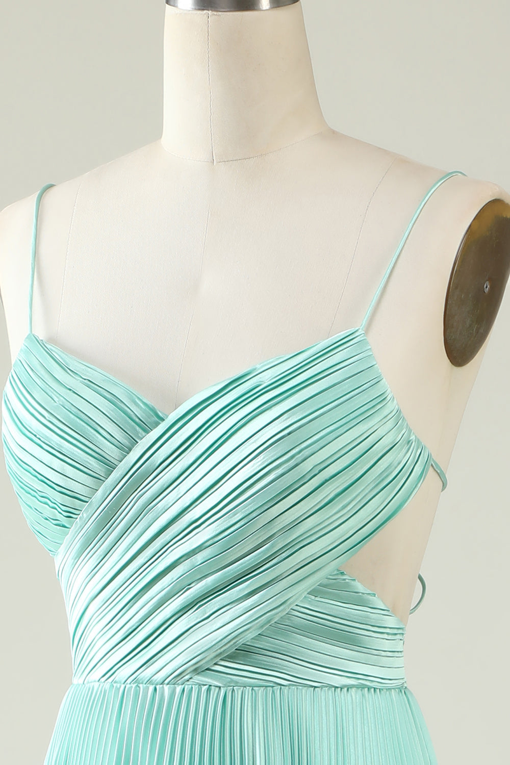 Mint Green A Line Spaghetti Straps Pleated Long Bridesmaid Dress