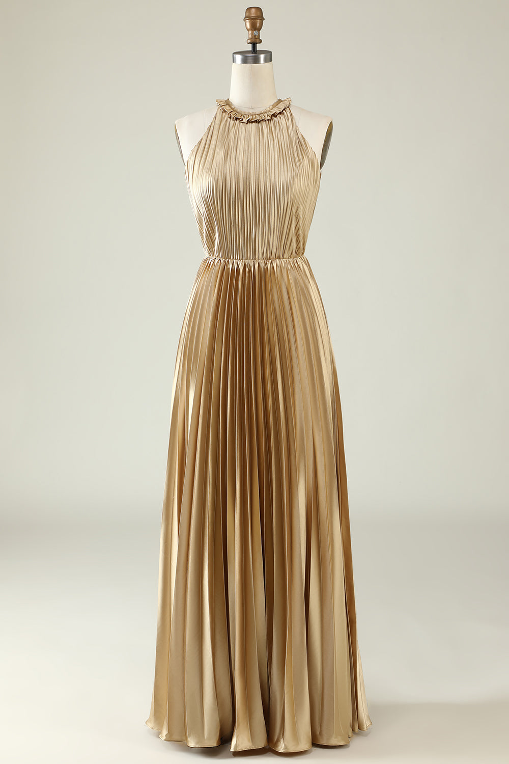Golden A Line Halter Pleated Long Bridesmaid Dress with Open Back