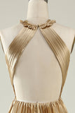 Golden A Line Halter Pleated Long Bridesmaid Dress with Open Back