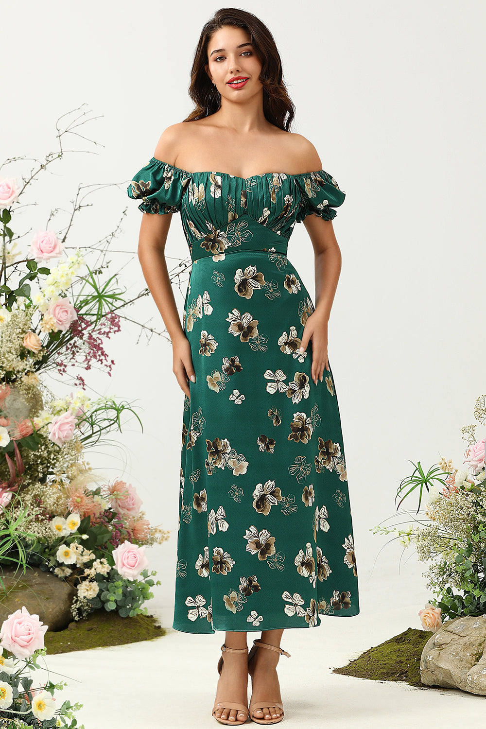 Dark Green A Line Off The Shoulder Floral Print Satin Boho Wedding Party Dress
