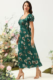 Dark Green A Line Off The Shoulder Floral Print Satin Boho Wedding Party Dress