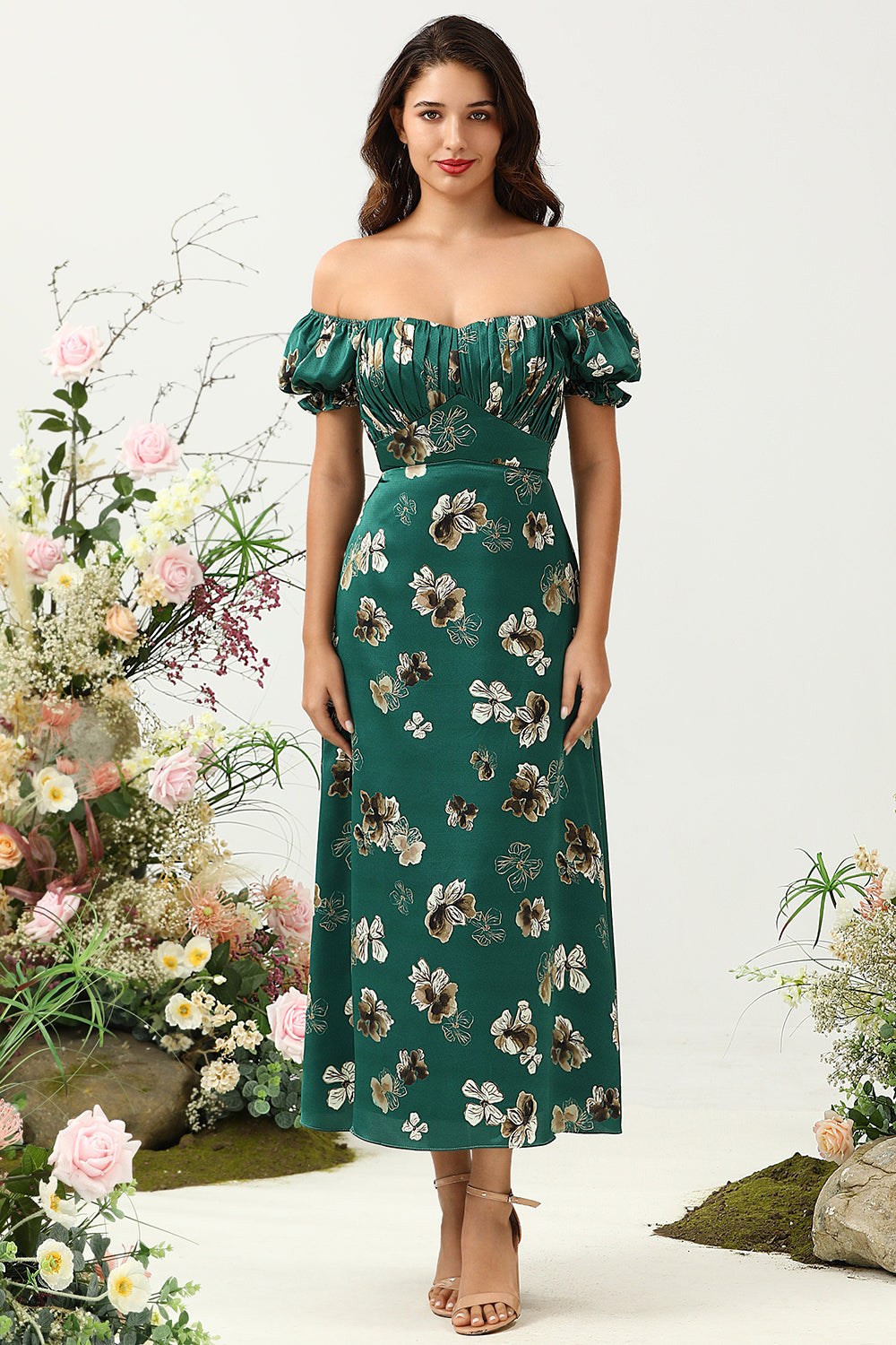 Dark Green A Line Off The Shoulder Floral Print Satin Boho Wedding Party Dress