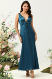 Ink Blue Sheath Deep V Neck Bright Satin Bridesmaid Dress with Adjustable Drawstring