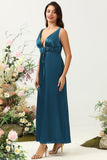 Ink Blue Sheath Deep V Neck Bright Satin Bridesmaid Dress with Adjustable Drawstring
