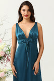 Ink Blue Sheath Deep V Neck Bright Satin Bridesmaid Dress with Adjustable Drawstring