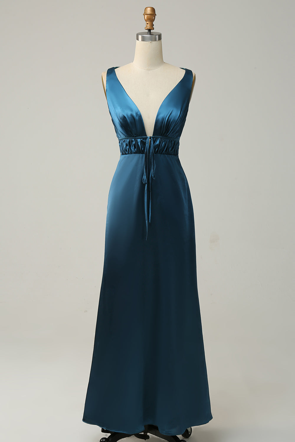 Ink Blue Sheath Deep V Neck Bright Satin Bridesmaid Dress with Adjustable Drawstring