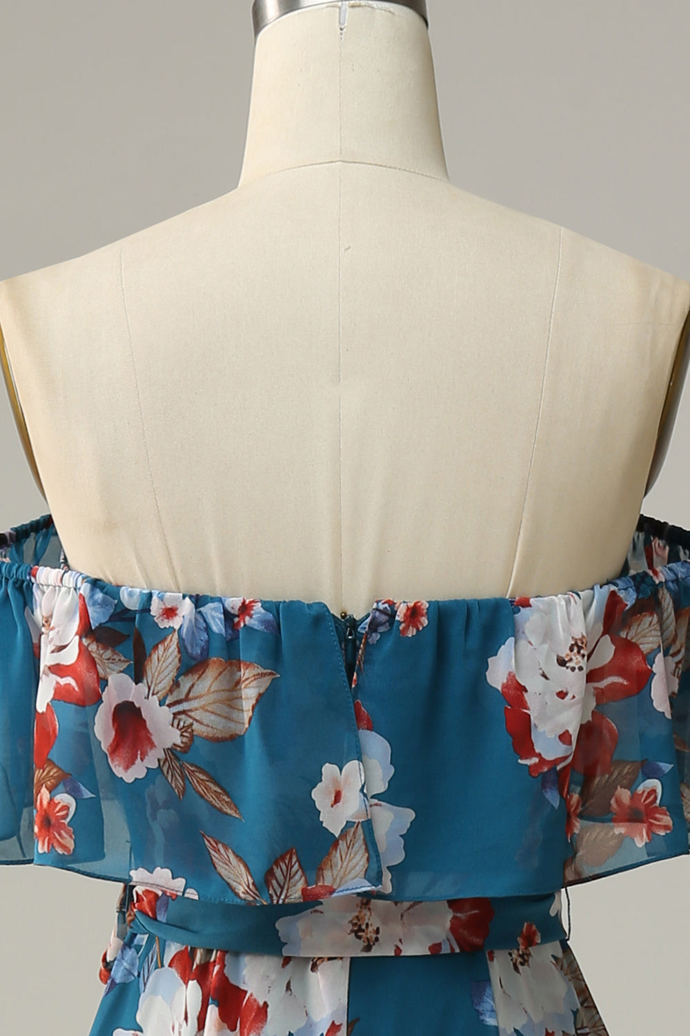 Light Blue A Line Off The Shoulder Print Chiffon Floor Length Bridesmaid Dress