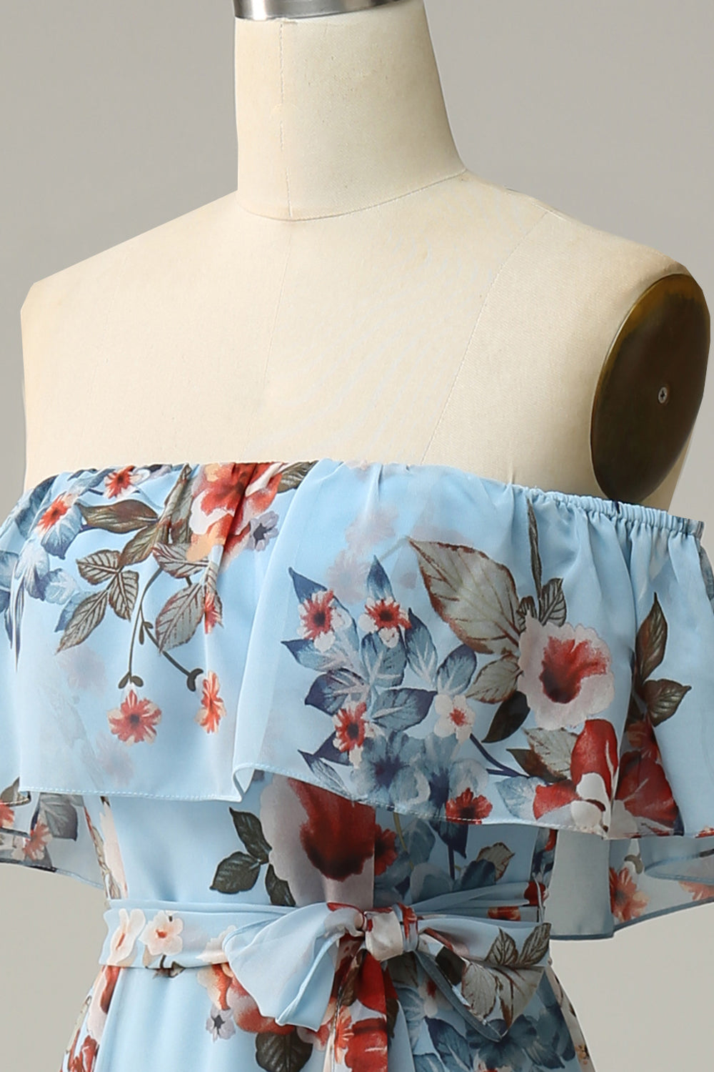 Light Blue A Line Off The Shoulder Print Chiffon Floor Length Bridesmaid Dress