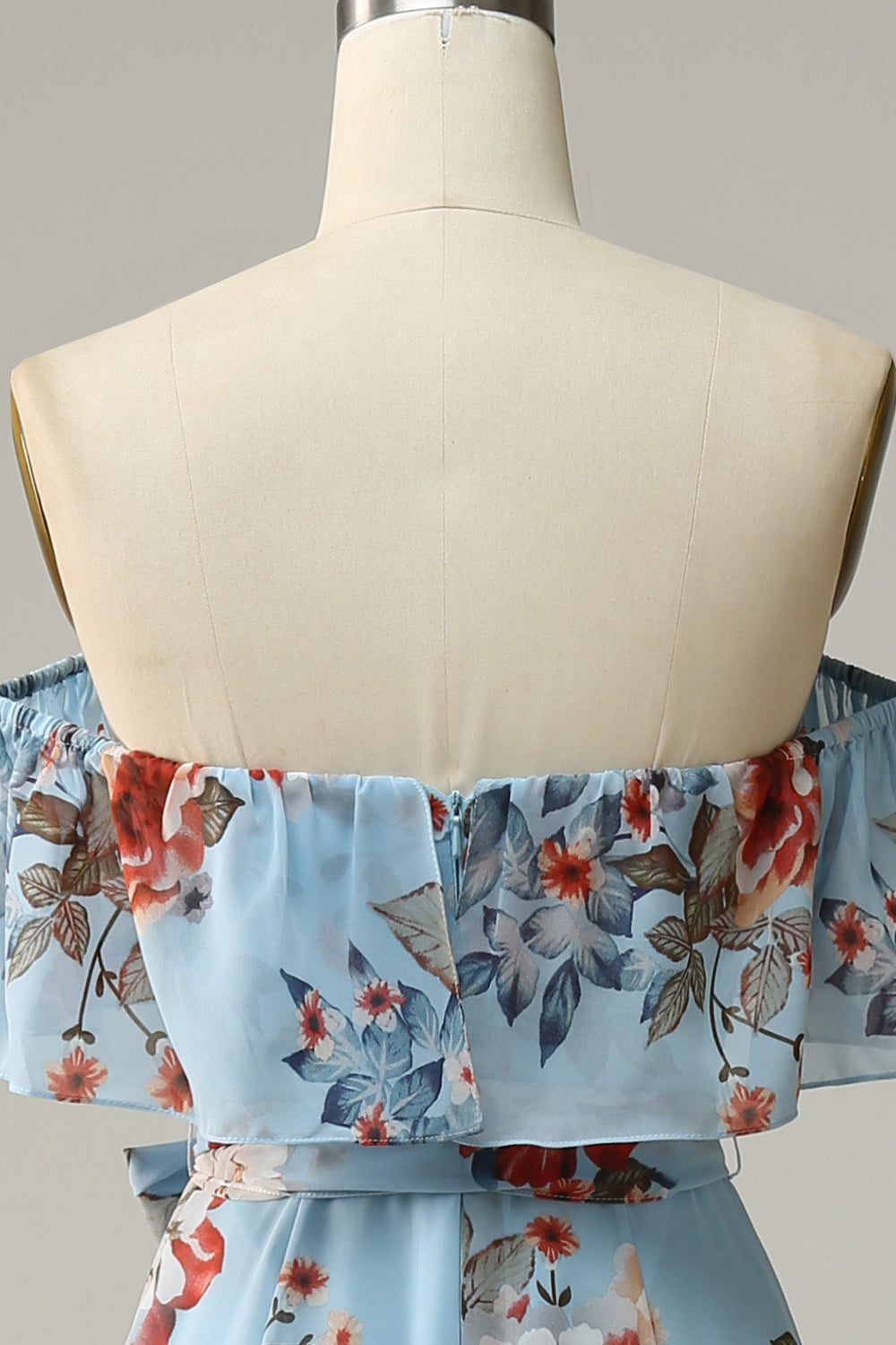 Light Blue A Line Off The Shoulder Print Chiffon Floor Length Bridesmaid Dress