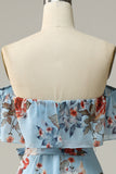 Light Blue A Line Off The Shoulder Print Chiffon Floor Length Bridesmaid Dress