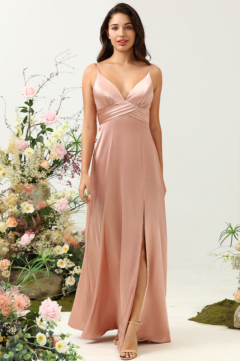 A Line Spaghetti Straps Bright Satin Blush Long Bridesmaid Dress with Slit
