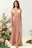 A Line Spaghetti Straps Bright Satin Blush Long Bridesmaid Dress with Slit