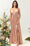 Blush A Line Spaghetti Straps Bright Satin Bridesmaid Dress with Slit