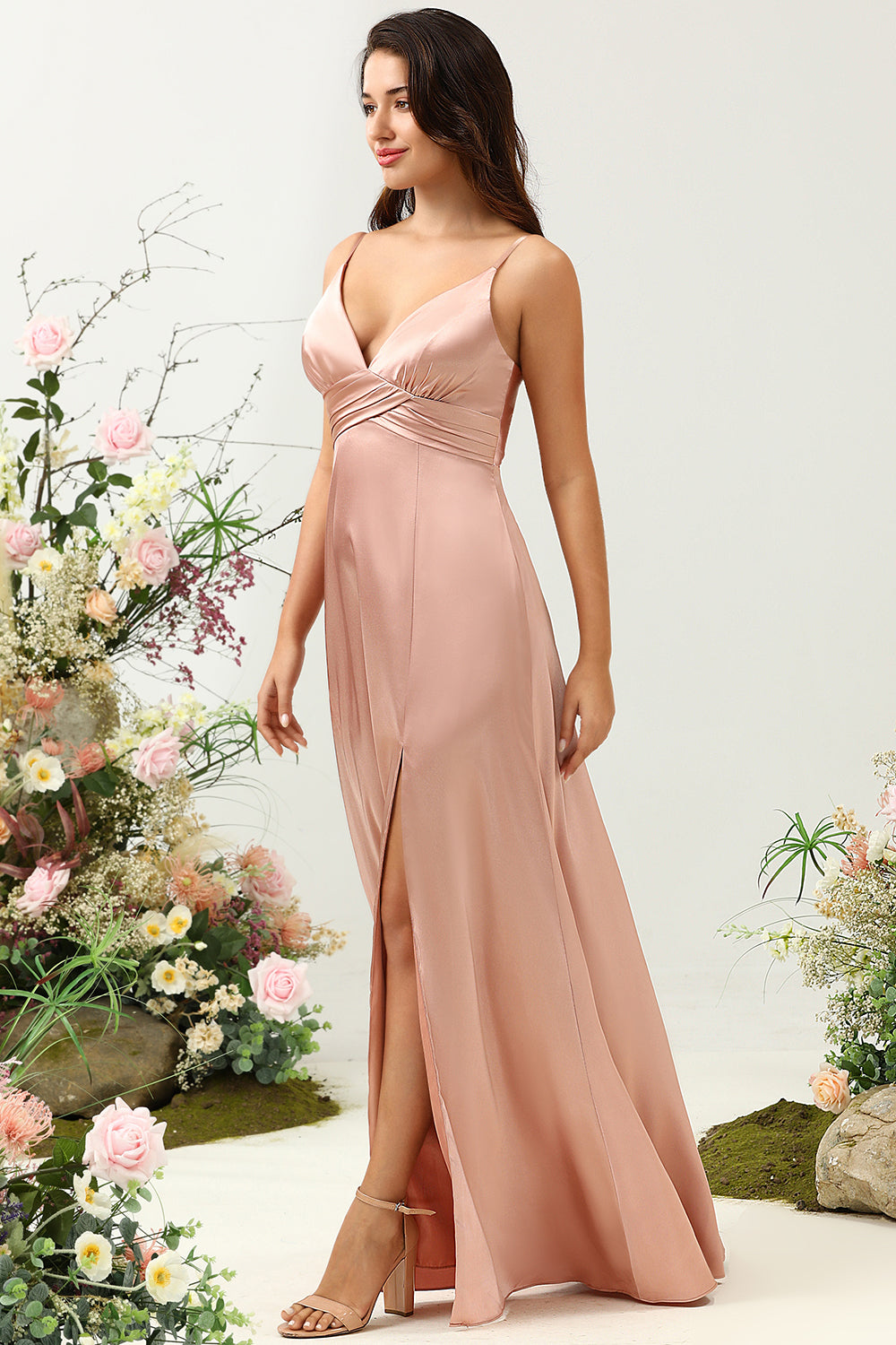 Blush A Line Spaghetti Straps Bright Satin Bridesmaid Dress with Slit