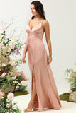 Blush A Line Spaghetti Straps Bright Satin Bridesmaid Dress with Slit