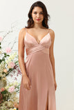 Blush A Line Spaghetti Straps Bright Satin Bridesmaid Dress with Slit