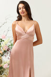 Blush A Line Spaghetti Straps Bright Satin Bridesmaid Dress with Slit