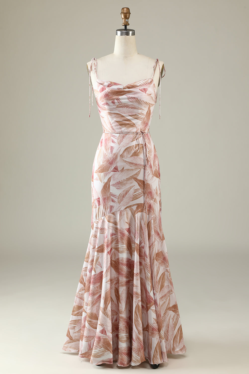 Blush Mermaid Square Neck Floral Print Bright Satin Boho Bridesmaid Dress