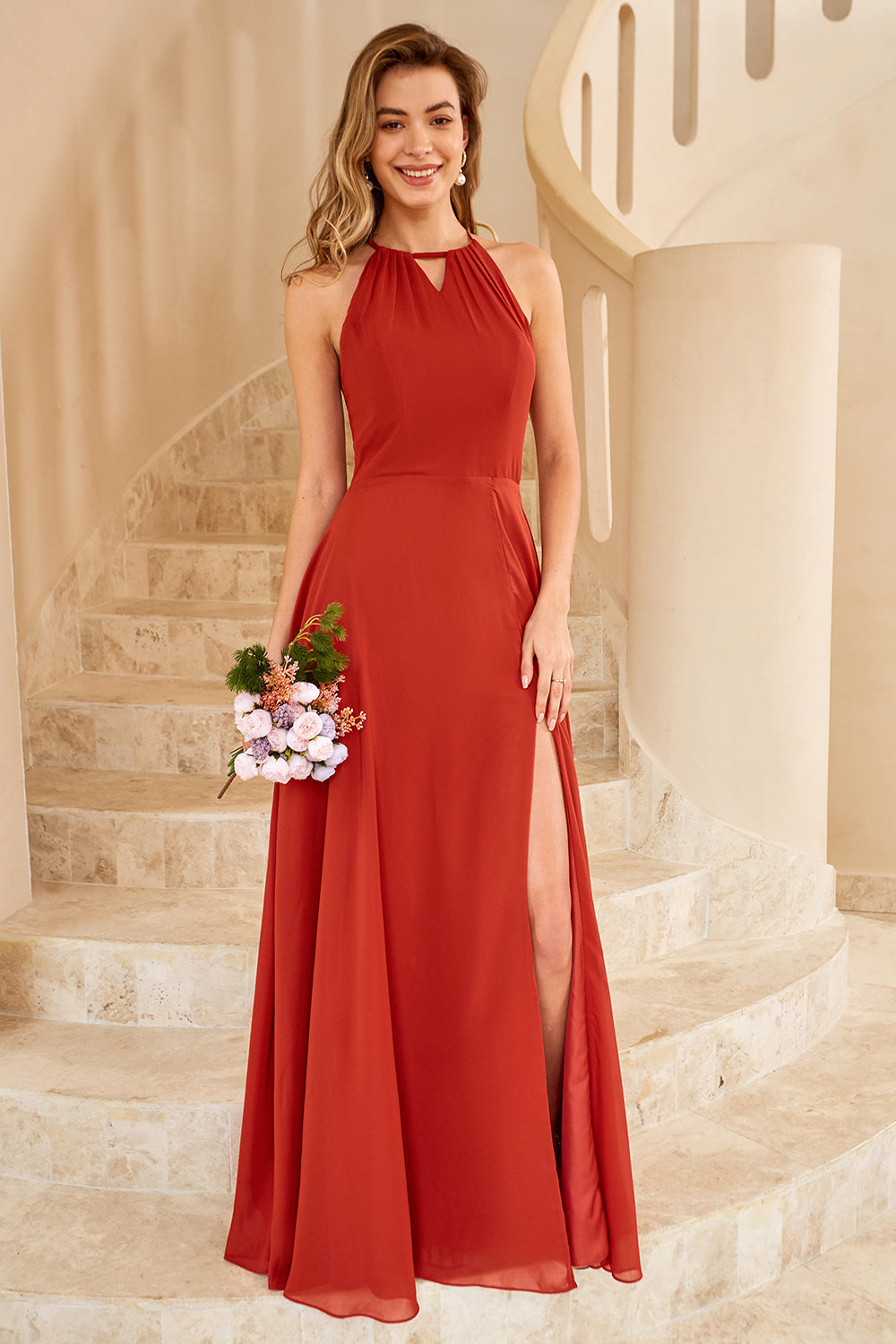 A Line Halter Floor Length Chiffon Bridesmaid Dress with Open Back