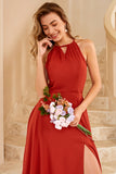A Line Halter Floor Length Chiffon Bridesmaid Dress with Open Back