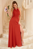 A Line Halter Floor Length Chiffon Bridesmaid Dress with Open Back