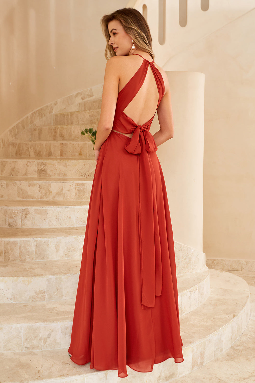 A Line Halter Floor Length Chiffon Bridesmaid Dress with Open Back