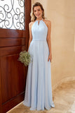 A Line Halter Floor Length Chiffon Bridesmaid Dress with Open Back