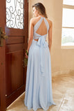A Line Halter Floor Length Chiffon Bridesmaid Dress with Open Back