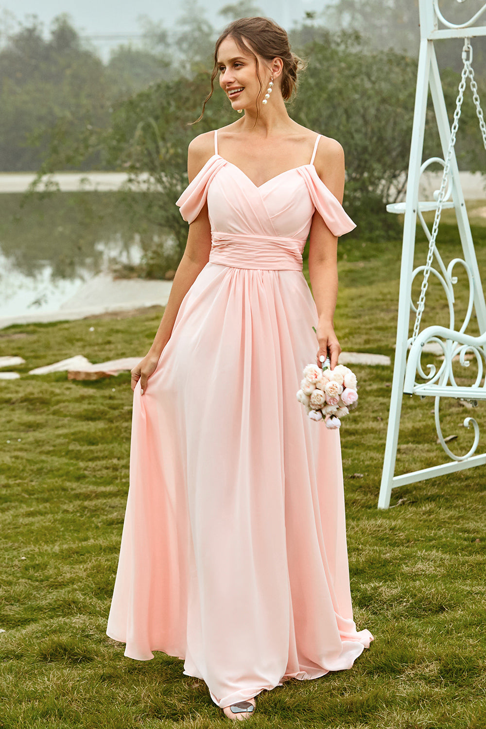 Blush A Line Off The Shoulder Long Bridesmaid Dress with Ruffles