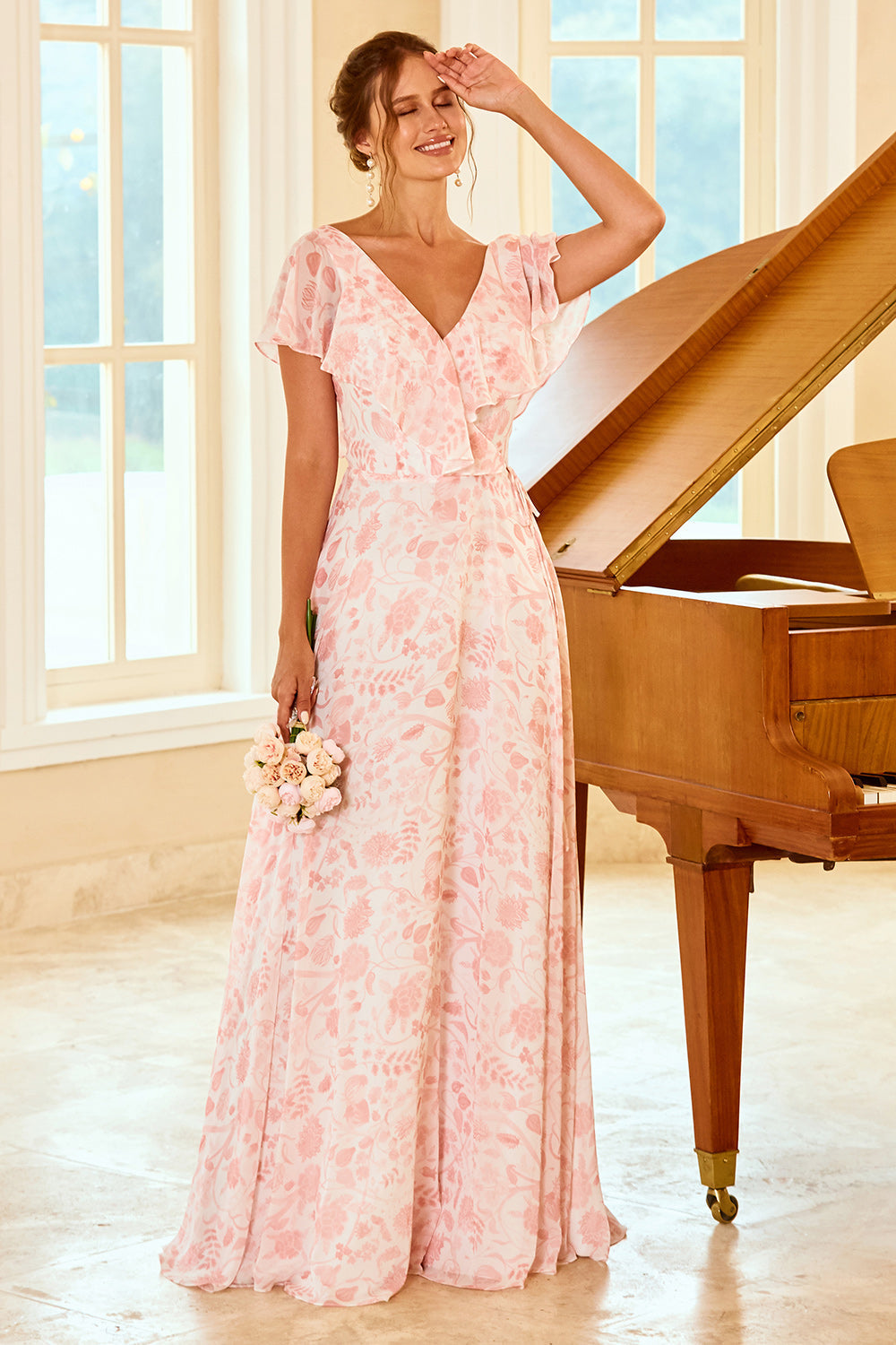 Blush A Line V Neck Floor Length Flower Print Bridesmaid Dress