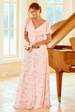 Blush A Line V Neck Floor Length Flower Print Bridesmaid Dress