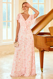 Blush A Line V Neck Floor Length Flower Print Bridesmaid Dress