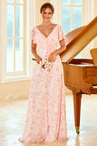 Blush A Line V Neck Floor Length Flower Print Bridesmaid Dress
